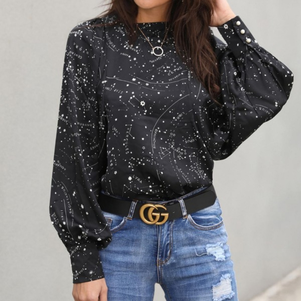ZARA BLACK SATIN ZODIAC CONSTELLATION RAGLAN SLEEVE BLOUSE - SIZE XL